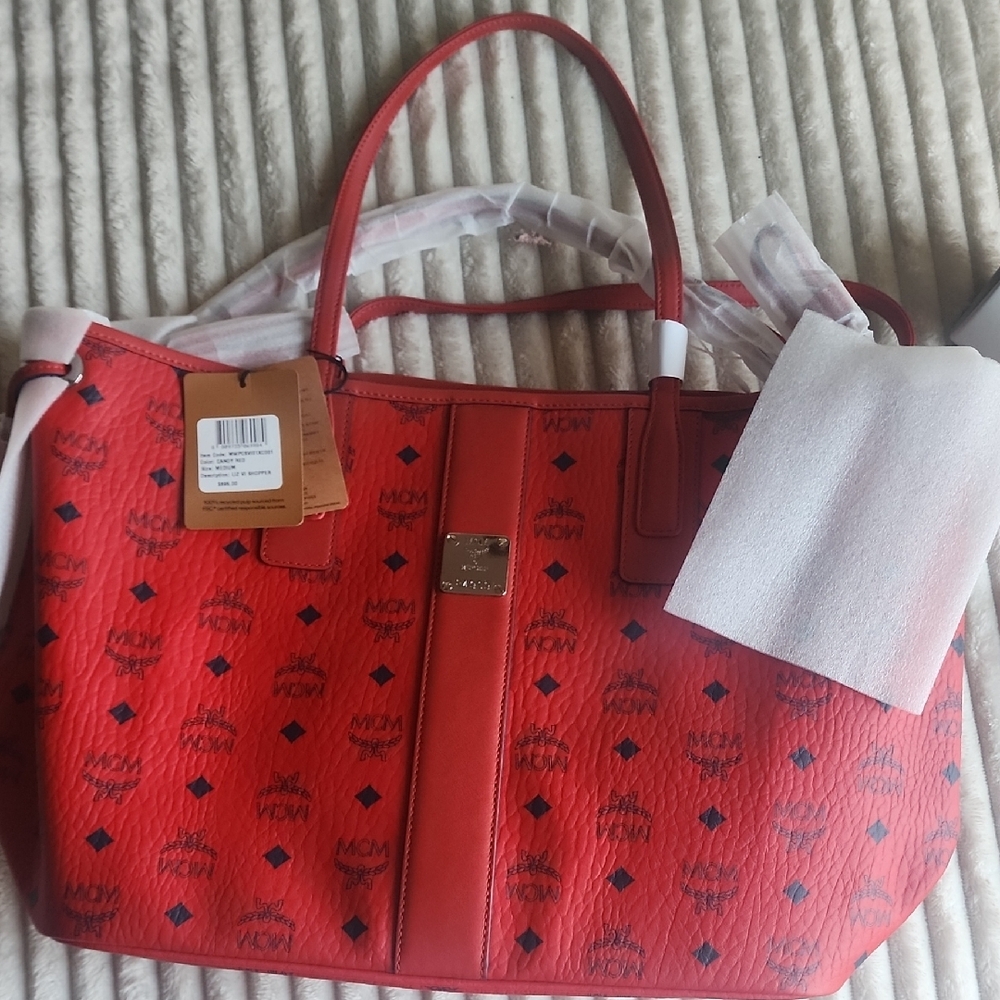 MCM Red Leather Reversible Tote Bag